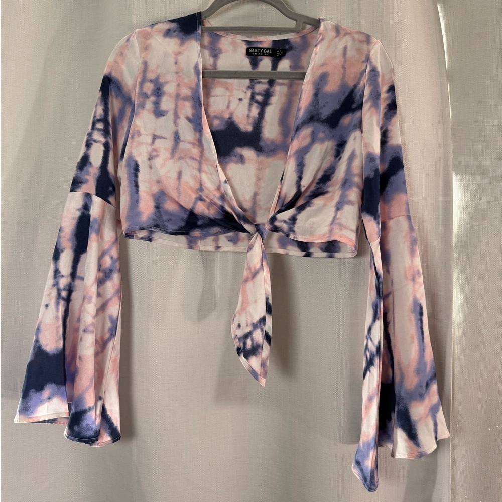 Nasty Gal Flare to Join Us Purple Pink Tie Dye Long Sleeve Cropped Blouse US 0 - Picture 4 of 10
